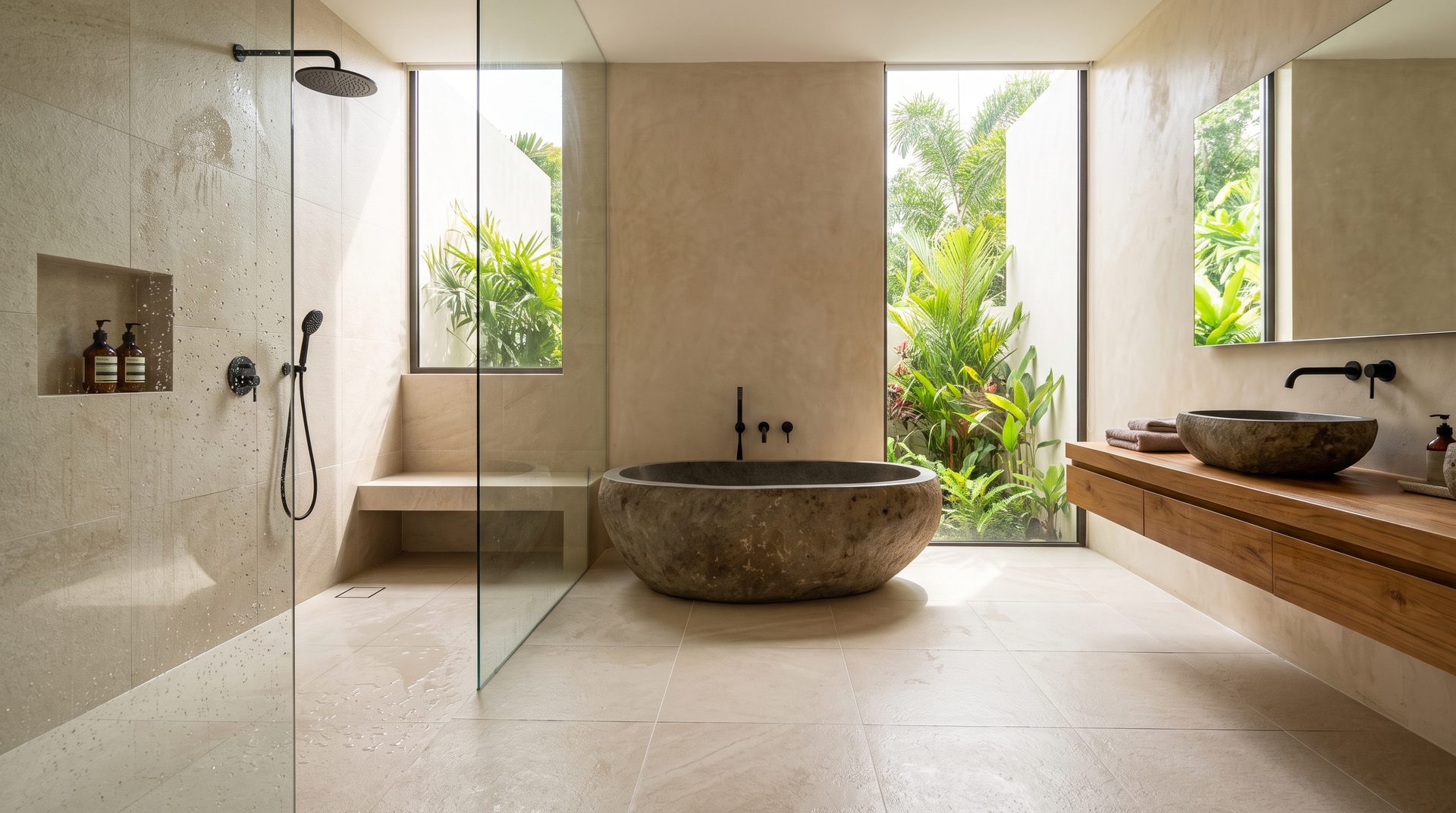 Villa bathroom tiles and shower with clean white grout after cleaning
