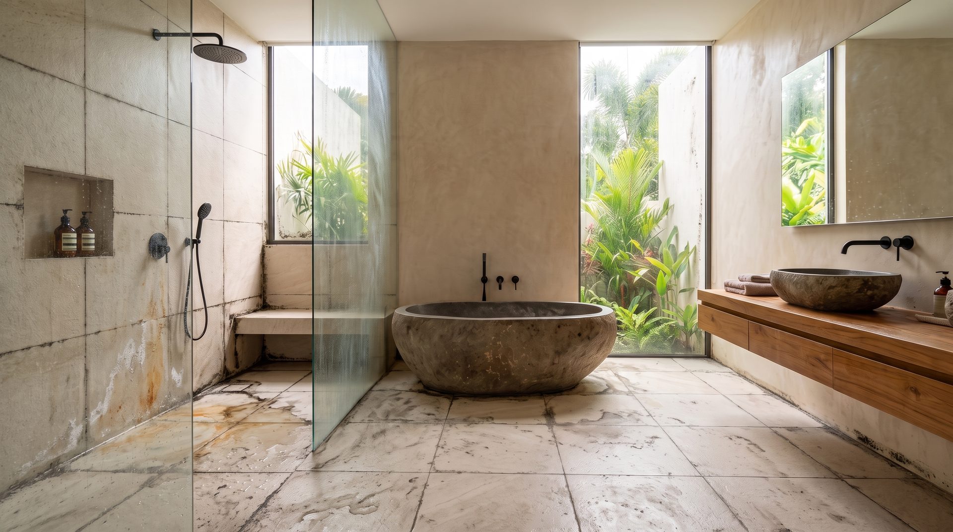 Villa bathroom tiles and shower with mouldy grout before cleaning